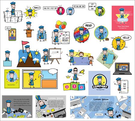 Various Comic Mailman Character Concepts - Set of Retro Vector illustrationsのイラスト素材