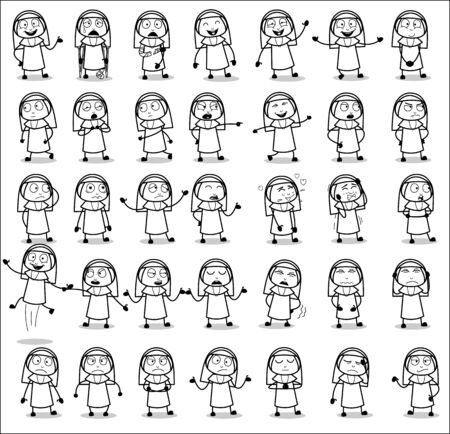 Cartoon Retro Nun Lady Character Poses - Set of Concepts Vector illustrationsのイラスト素材