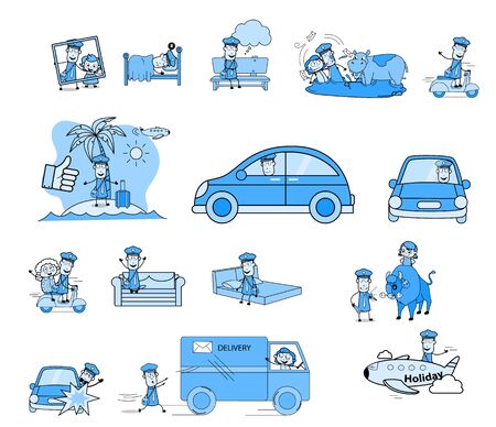 Various Vintage Comic Postman - Set of Different Concepts Vector illustrationsのイラスト素材