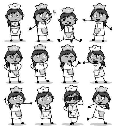 Collection of Retro Cartoon Waitress - Set of Concepts Vector illustrationsのイラスト素材