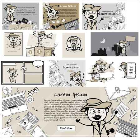 Cartoon Funny Detective Agent with Many Templates - Set of Concepts Vector illustrationsのイラスト素材
