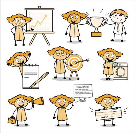 Vintage Cartoon Office Ladies - Set of Concepts Vector illustrationsのイラスト素材
