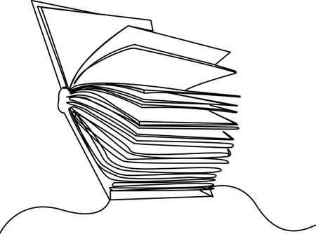 Continuous one line drawing open book with flying pages. Vector illustration education supplies back to school theme.のイラスト素材