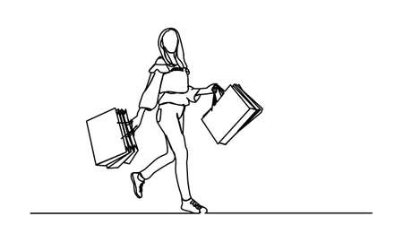 continuous line cheerful and happy woman enjoying shopping she holds shopping bagsのイラスト素材