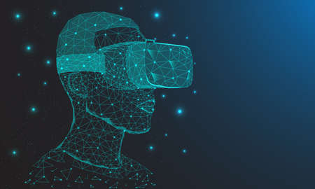 Man wearing virtual reality glasses VR world abstract with neon lines.vector illustrationのイラスト素材