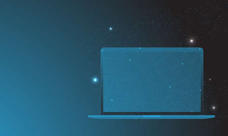 Computer laptop in low poly wireframe in starry sky and cosmic style technology concept and device. Abstract vector computer theme in blue polygon theme.のイラスト素材