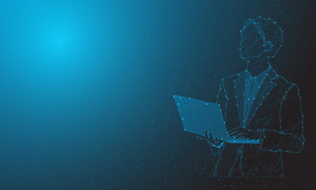 Abstract man portrait by high tech businessman on polygon from dotted lines and dark background blue line shapesのイラスト素材