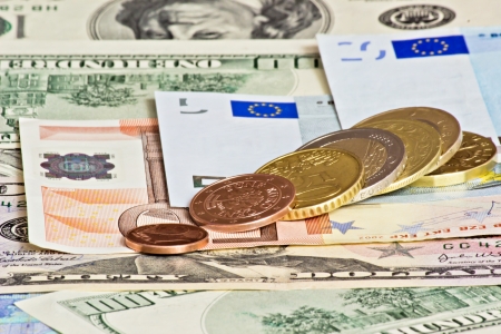 euro dollars and czech money coins closeupの写真素材