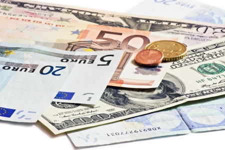 euro dollars and czech money coins closeupの写真素材