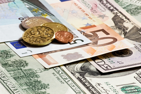 euro dollars and czech money coins closeupの写真素材