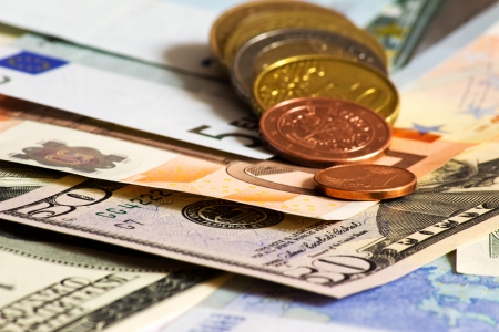 euro dollars and czech money coins closeupの写真素材