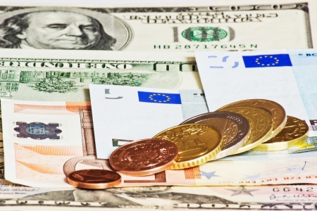 euro dollars and czech money coins closeupの写真素材