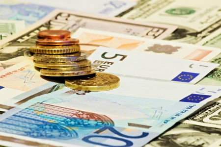 euro dollars and czech money coins closeupの写真素材