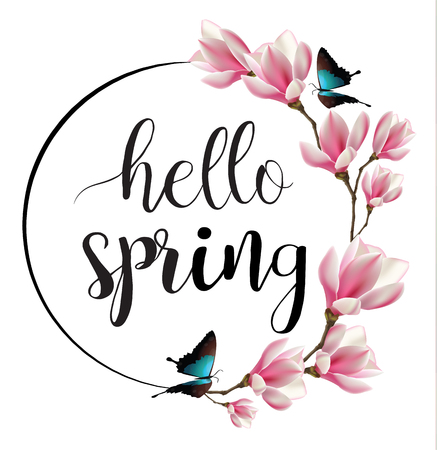 Hello Spring  calligraphic lettering text vector. on a white backgroundのイラスト素材