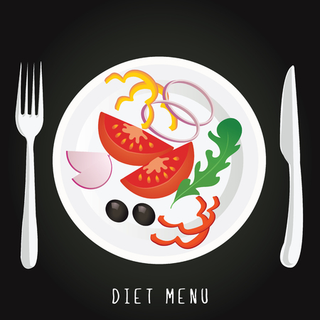 a plate with the vegetables on a black background. Salad concept of diet, nutrition, healthy lifestyles  diet Vector design for diet menu, cafe, restaurant.のイラスト素材