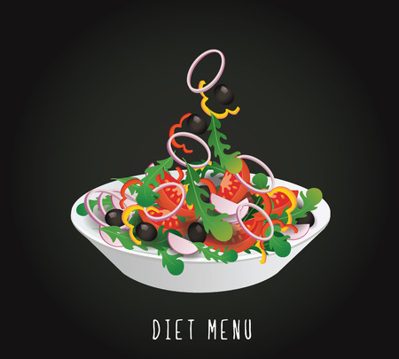 concept of diet, nutrition, healthy lifestyles - a plate with the Salad diet vegetables on a black background. Vector design for diet menu, cafe, restaurant.のイラスト素材