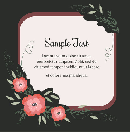 Greeting card with flowers in vintage style. A frame with flowers for a festive and wedding romantic design. Black background vector illustrationのイラスト素材