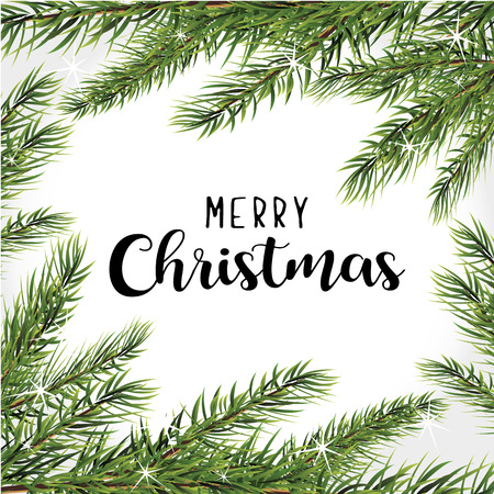 Happy Christmas greeting card with calligraphy wish. Vector illustration of a Christmas tree with a branch frame on a white backgroundのイラスト素材