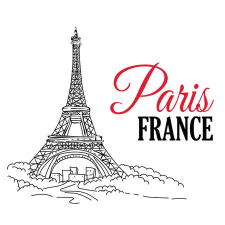 Paris France hand sketched illustration for greeting card, festive poster etc. vector illustration. Sketch Eiffel Towerのイラスト素材