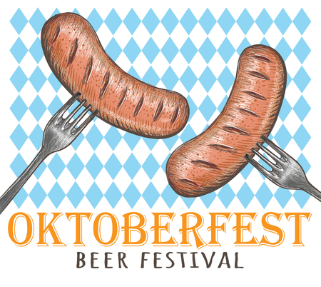 Sausages on the fork, sausages octoberfest. Oktoberfest vector illustrationのイラスト素材