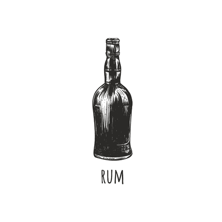 Bottle of rum retro sketch drawing of hand. Bottle of rum illustrationsのイラスト素材