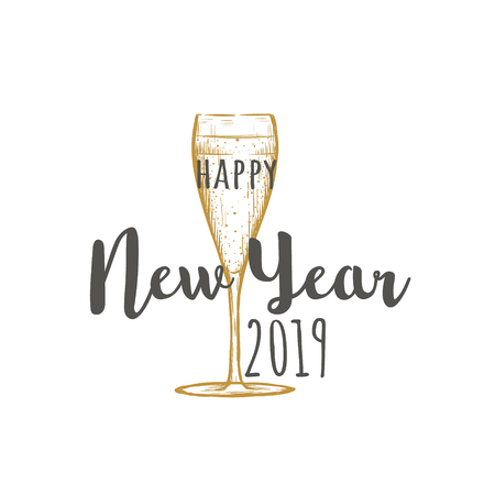 Happy New Year 2019. A glass of champagne is a golden color. Wineglass sketch greeting cardのイラスト素材