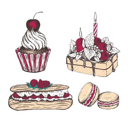 Collection of sweets vector illustration. Eclair, cupcake, macaroon, cakeのイラスト素材