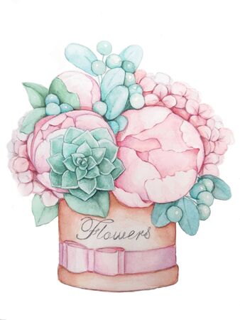 A bouquet of flowers in a round box hand drawing. Pink peonies and green berries illustration.の写真素材