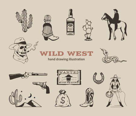 Wild west collection hand drawing illustrationのイラスト素材