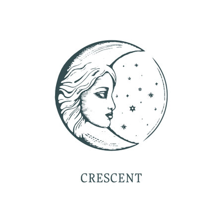 Crescent moon hand drawn in engraving styleのイラスト素材