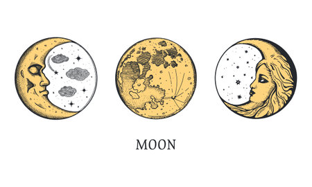 Moon and Crescent, hand drawingのイラスト素材