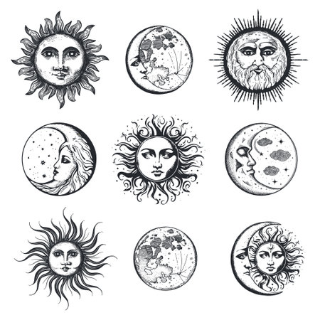 Moon and sun, hand drawing in engraving style setのイラスト素材