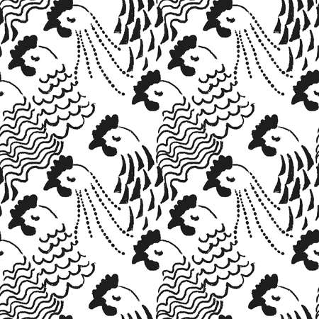 Seamless black and white chicken face pattern with doodles on them. Perfect for aprons, kitchen towels, phone covers, stationery - for all chicken, hen, rooster loversのイラスト素材