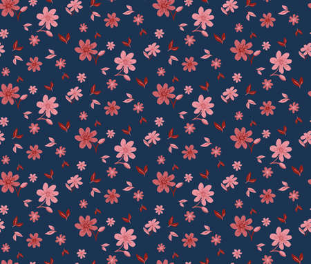 Sweet ditsy tonal floral seamless pattern against a dark blue background. Good for fashion, kidswear, accessories, stationery, home decor, wallpapers.のイラスト素材