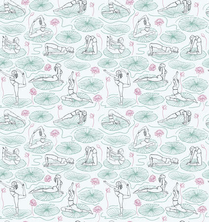 Seamless pattern of women doing yoga among water lilies and lily pads in blue. Suitable for fabrics, wallpaper, stationery, fashion, sports, and wellness.のイラスト素材