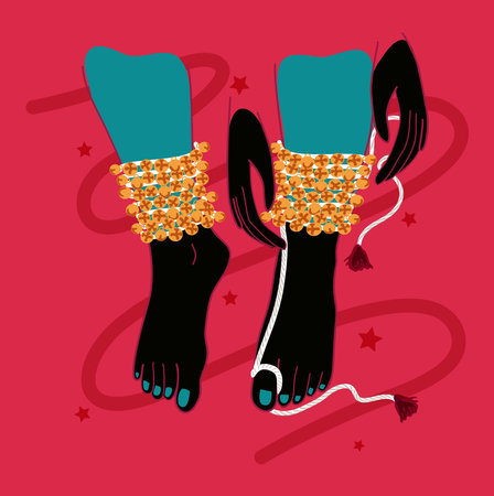 Colorful illustration of a Kathak dancer's feet with ankle bells, getting ready, tying ghungroo.のイラスト素材