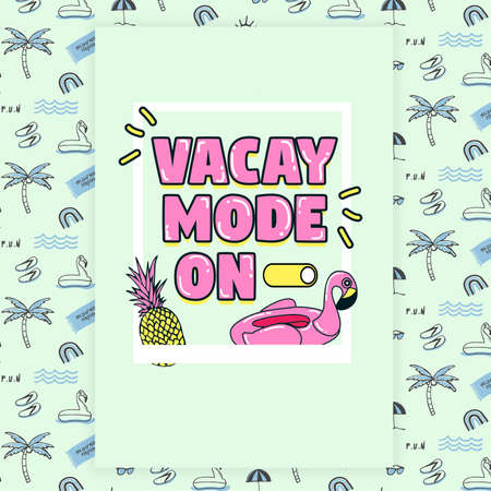 Cheerful and cute banner post announcing vacation mode in fresh colours and tropical beach elements....