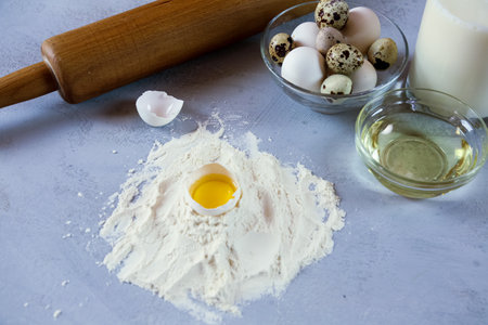 Baking Cooking Ingredients Flour Eggs Rolling Pin Butter And Kitchen Textile