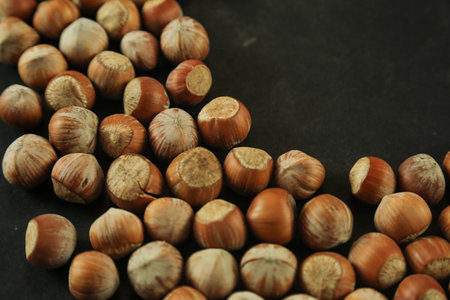 Hazelnuts on wooden backdrop. heap or stack of hazelnuts. healty foodの写真素材