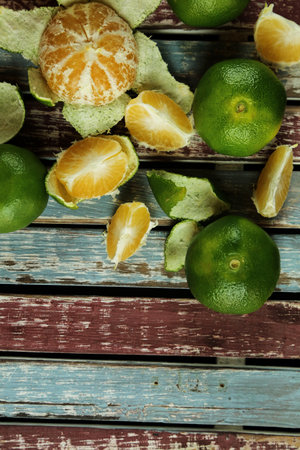 Green sweet tangerines growing with backgroundの写真素材