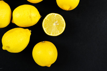 Group of lemons with leaves, isolated on backgroundの写真素材