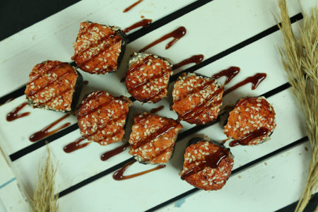 Various kinds of sushi served, close-up viewの写真素材