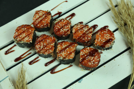 Various kinds of sushi served, close-up viewの写真素材