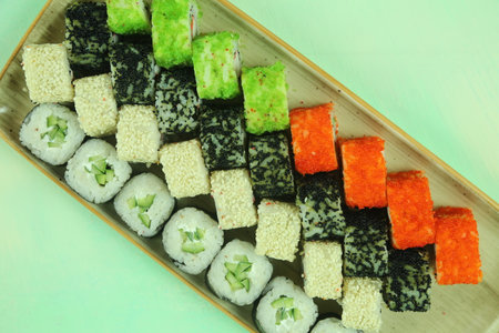 Various kinds of sushi served, close-up viewの写真素材