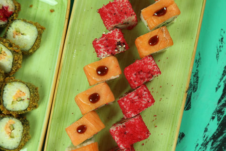 Various kinds of sushi served, close-up viewの写真素材