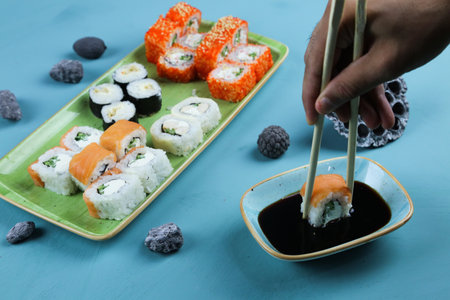 Various kinds of sushi served, close-up viewの写真素材