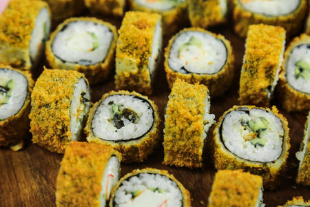 Various kinds of sushi served, close-up viewの写真素材