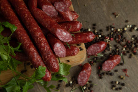 Smoked pork sausages, isolated on white background.の写真素材