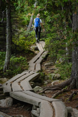 Young couple hiking on an split log board walk along Jordan Pond.の写真素材