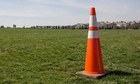 Close up photo of an orange pylon in a park with people off in the distance.